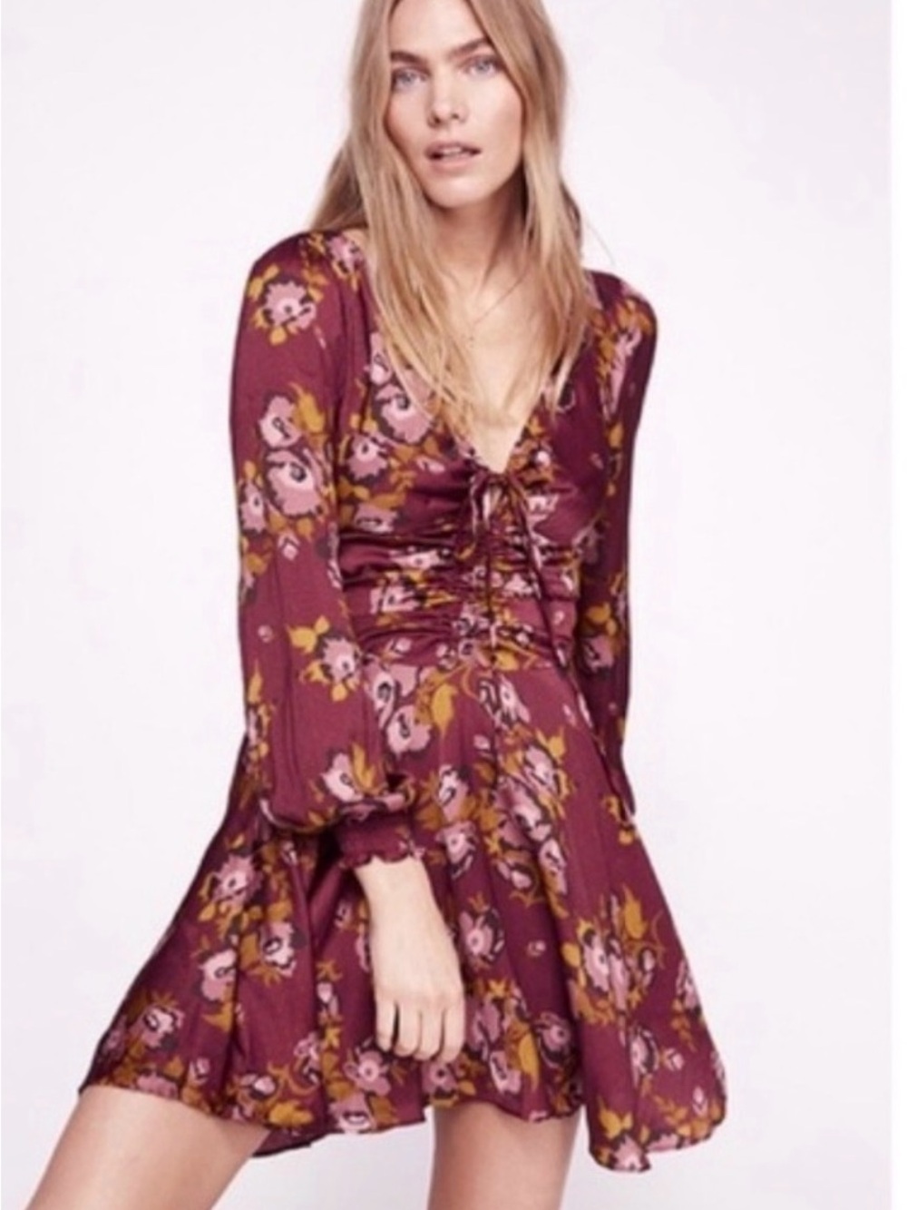 Free People Burgundy Floral Long-Sleeve Tie-Front Mini Dress